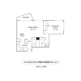 1 Bedroom 1 Bath Floor Plan at Park Towers, Minnesota, 55416