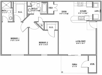 Cypress 2 bedroom 2 bathroom 1,079 Sq.Ft. Floor Plan at Hawthorne Properties, Lafayette, IN 47905