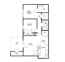 2 Bedroom 2 Bathroom Floor Plan 986 Sq.Ft. at Murdock Gardens, Lafayette, IN 47904