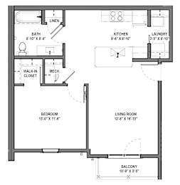 A floor plan of a small apartment with a living room, kitchen, bathroom, bedroom and balcony.
