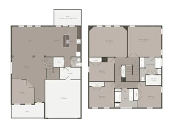 A floor plan of a house with two bedrooms, a living room, a kitchen, and a bathroom.