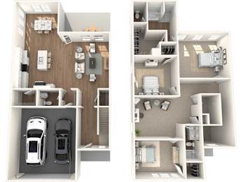 A floor plan of a two-story house with a garage on the first floor and a living area on the second floor.