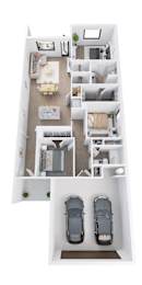 Floor Plan  A top-down view of a two-bedroom apartment with a living room, kitchen, and bathroom.