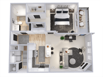 a bedroom with a bed and a chair in a room