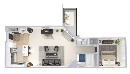 a floor plan of a one bedroom apartment with a fireplace and a balcony