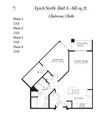 A drawing of a floor plan for a 845 square feet apartment with 4 floors and 2 bathrooms.