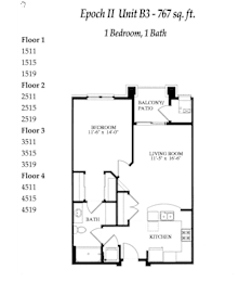 A floor plan for a 767 square foot home with one bedroom and one bath.