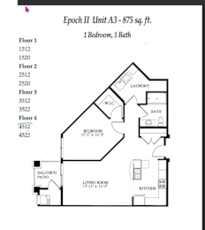 A floor plan for a 1 bedroom, 1 bath apartment.