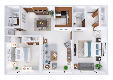 A top-down view of a house layout with various rooms and furniture.