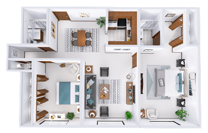 A top-down view of a house layout with a kitchen, living room, dining area, and bathrooms.