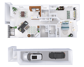 A floor plan of a house with a car garage.