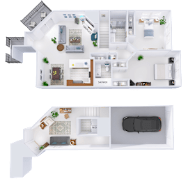 A floor plan of a two-story house with a garage.