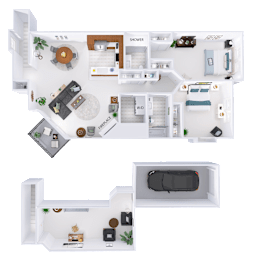 A floor plan of a house with a living room, kitchen, and two bedrooms.