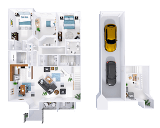 A floor plan of a house with a garage and a car.