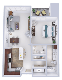 a stylized floor plan of a studio apartment