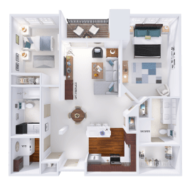 a 3d rendering of a floor plan with a bedroom and a living room