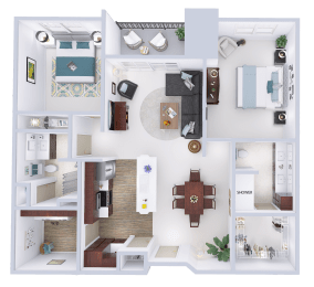 a 3d floor plan of a house with furniture and a living room