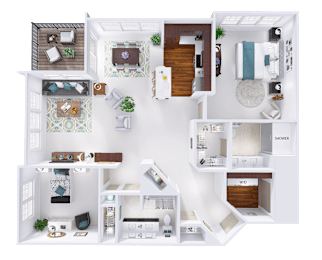 A detailed 3D floor plan of a house layout.