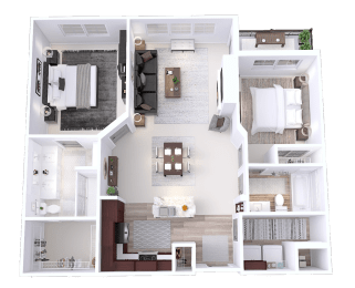 a 3d floor plan of a bedroom and living room