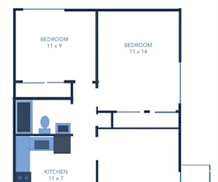 A floor plan of a home with two bedrooms, one of which is 11x14, a kitchen, and a desk with a chair.