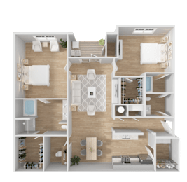 A detailed 3D floor plan of a modern apartment layout.