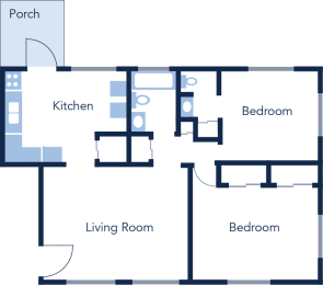 900 SF 2 bed 1.5 bath floor plan at The Flats at Seminole Heights, Florida, 33603