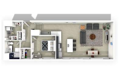 A floor plan of a house with a kitchen, living room, and bathroom.
