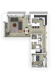 A floor plan of a small apartment with a living room, kitchen, and bedroom.
