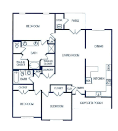 A floor plan of a house with a living room, dining room, kitchen, and multiple bedrooms.