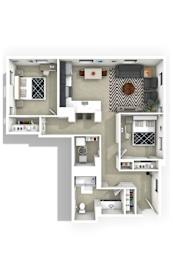 A floor plan of a small apartment with a kitchen, living room, and bathroom.