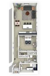 A 3D rendered image of a small, modern kitchen with a sink, stove, and refrigerator.