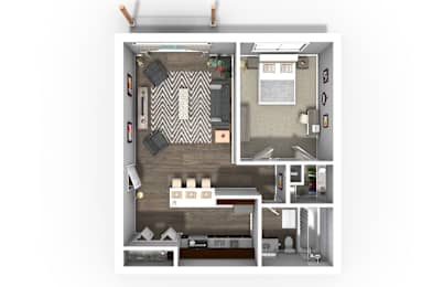 A top-down view of a small, neatly organized apartment with a kitchen, living room, and bathroom.