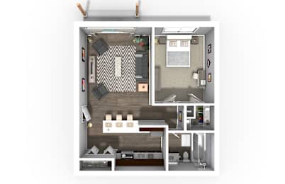 A top-down view of a small apartment with a kitchen, living room, and bathroom.