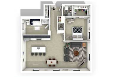 A 3D floor plan of a small apartment with a kitchen, living room, and bedroom.