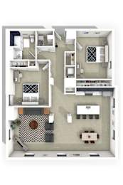 A top down view of a small apartment with a living room, kitchen, and bathroom.