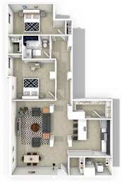 A floor plan of a two-story apartment with a living room, kitchen, and bedrooms.