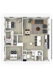 A top-down view of a small apartment with a kitchen, living room, and bathroom.