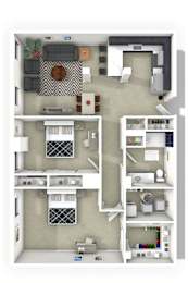 A top-down view of a small apartment with a kitchen, living room, and bedroom.