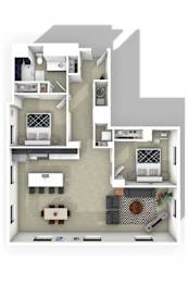 A 3D floor plan of a small apartment with a kitchen, living room, and bathroom.