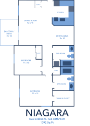 2 bed 2 bath A Niagara Floor Plan at CenterPointe Apartments and Townhomes in Canandaigua NY 14424
