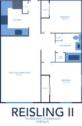 2 bed 1 bath A Reisling Floor Plan at Centerpointe Apartments, Canandaigua, NY