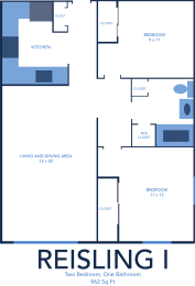 2 bed 1 bath Reisling Floor Plan at CenterPointe Apartments and Townhomes in Canandaigua NY 14424