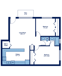 800 Square-Foot Orchid 2 Bedroom 1 Bath Floor Plan at Woodland Ridge, Woodridge, IL, 60517