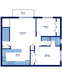 900 Square-Foot Violet 2 Bedroom 1 Bath Floor Plan at Woodland Ridge, Woodridge, IL