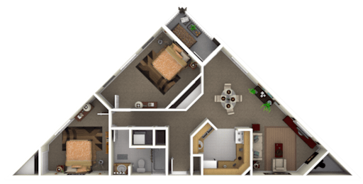 floorplan of a 2 bedroom 1 bath unit with a fireplace. This is a corner unit.