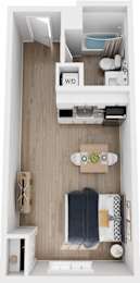 Floor Plan  A small room with a bed, a toilet, a sink, and a small fridge.