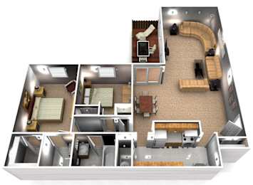A 3D floor plan of a house showing the layout of the rooms.
