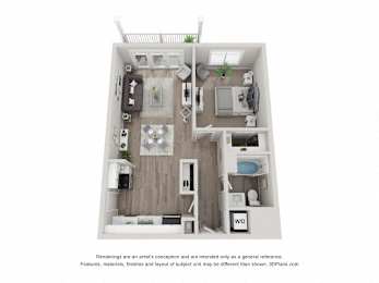 A 3D floor plan of a small apartment with a kitchen, living room, and bedroom.
