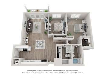 A 3D floor plan of a house with a kitchen, living room, and two bedrooms.