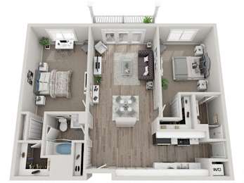 A top-down view of a small apartment with a living room, kitchen, and bedroom.